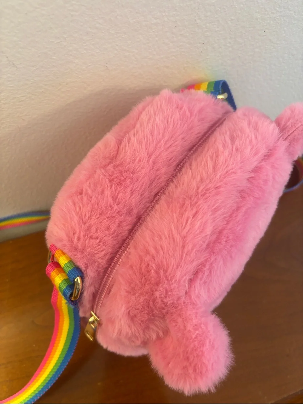 Care Bears Cheer Bear Pink Plush Crossbody Bag Rainbow Strap NWOT